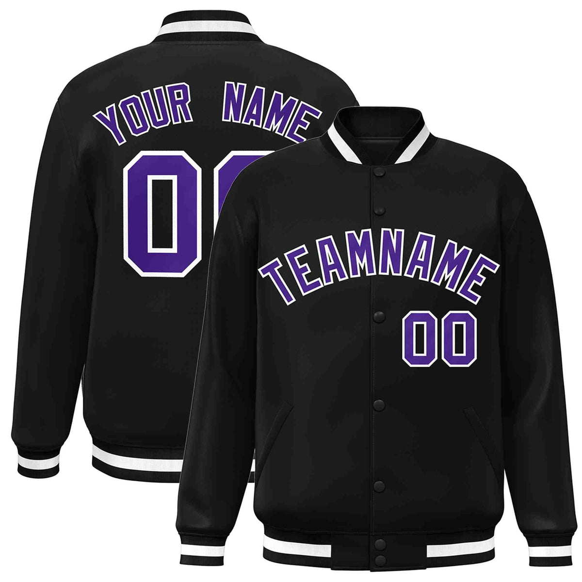 Custom Black Purple-White Varsity  Jacket Classic Style Full-Snap Letterman
