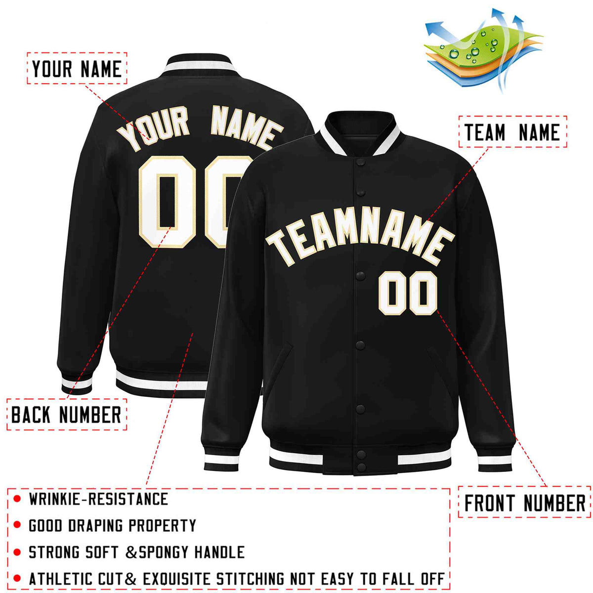 Custom Black White-Khaki Varsity  Jacket Classic Style Full-Snap Letterman