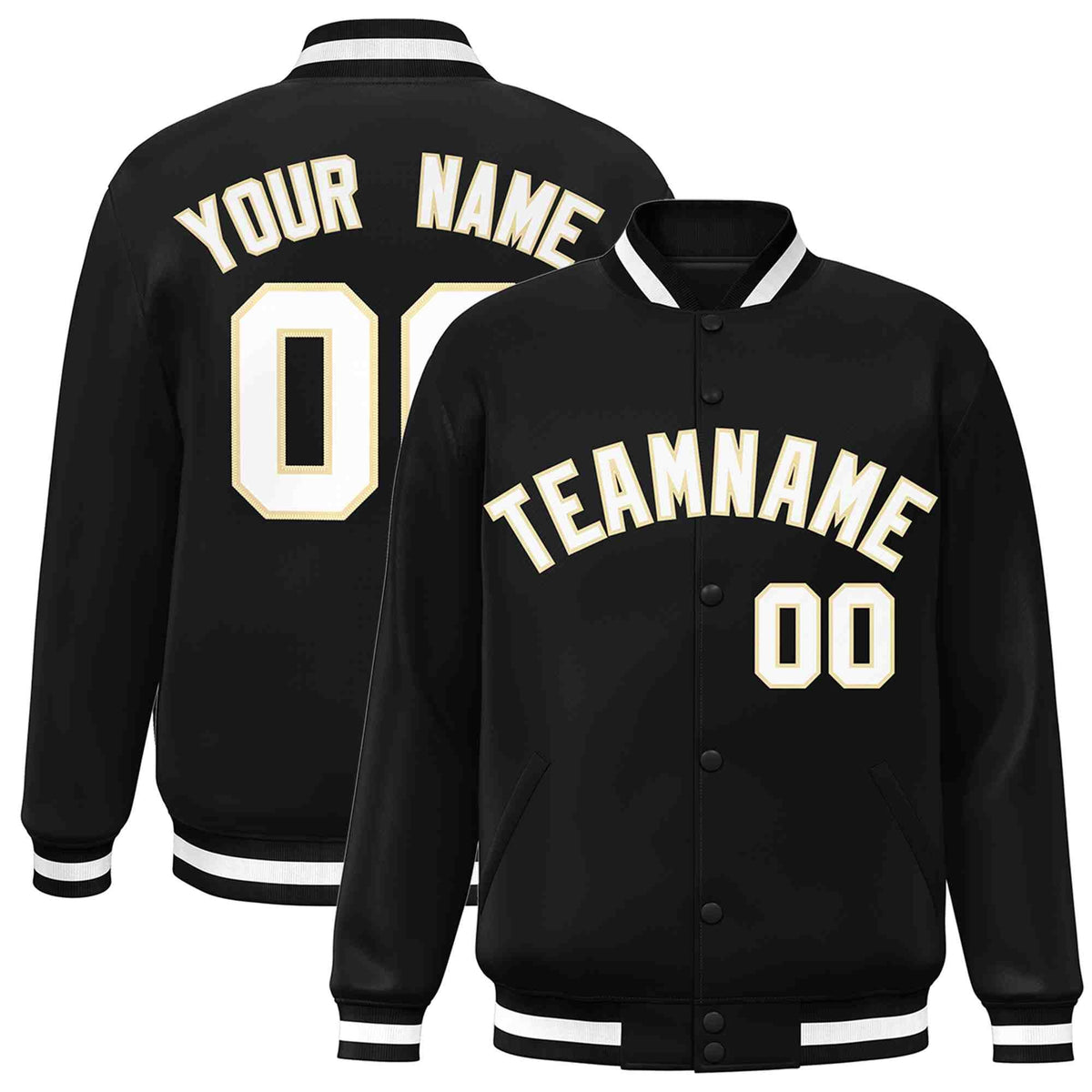 Custom Black White-Khaki Varsity  Jacket Classic Style Full-Snap Letterman