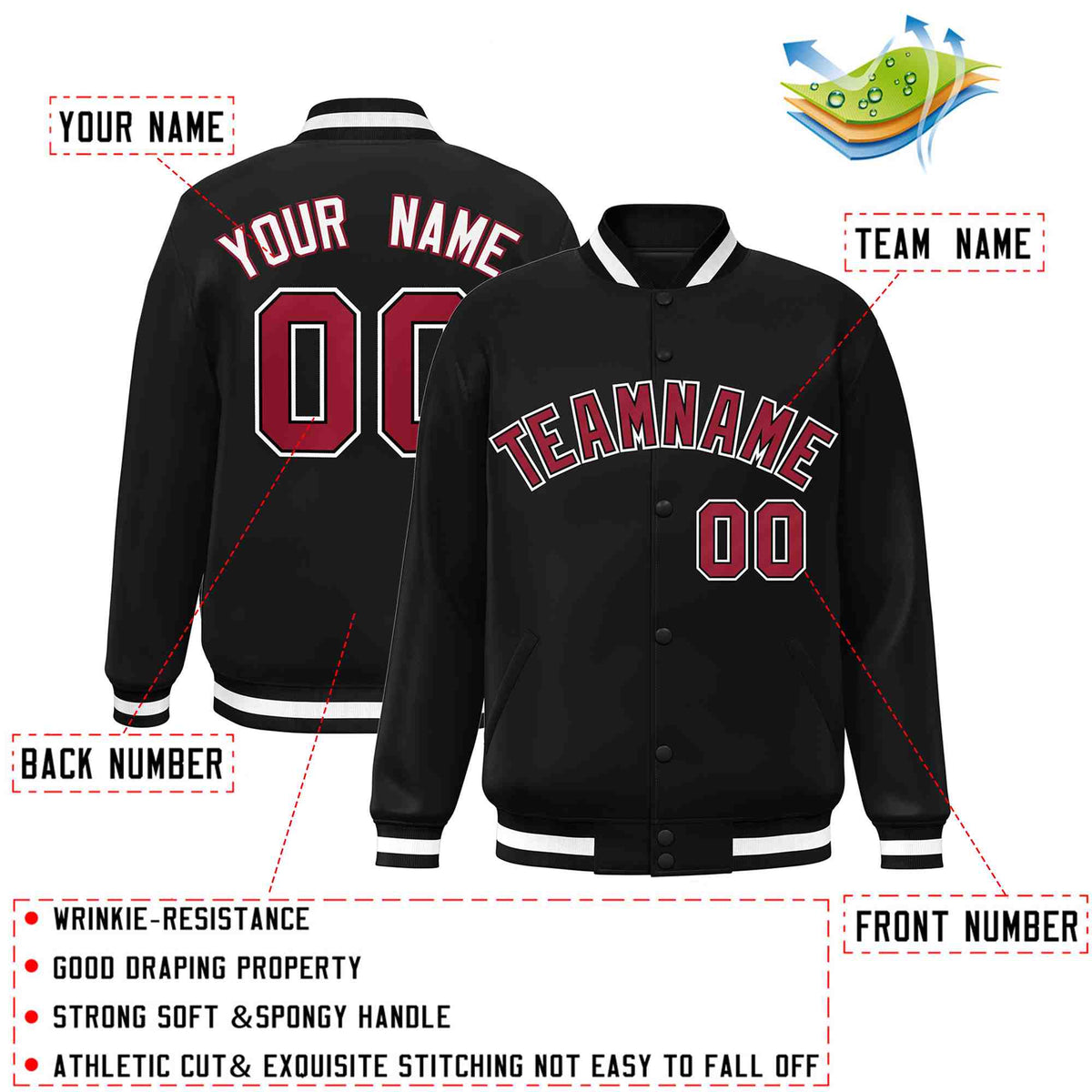 Custom Black Crimson-Black Varsity  Jacket Classic Style Full-Snap Letterman