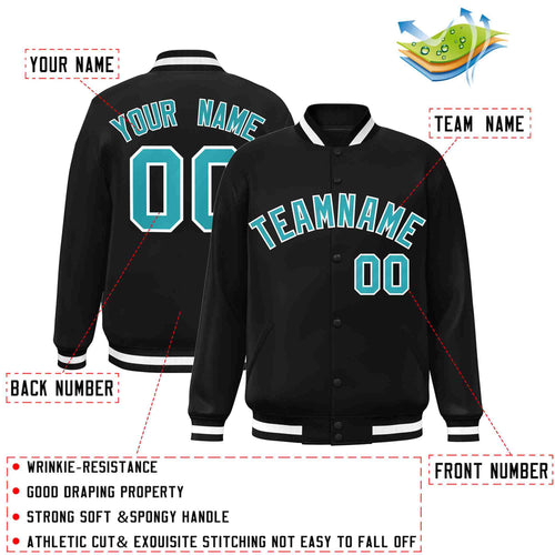Custom Black Aqua-White Varsity  Jacket Classic Style Full-Snap Letterman