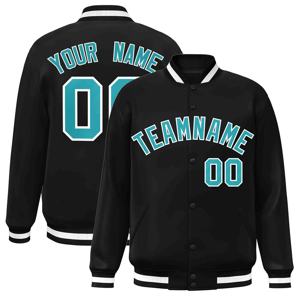 Custom Black Aqua-White Varsity  Jacket Classic Style Full-Snap Letterman
