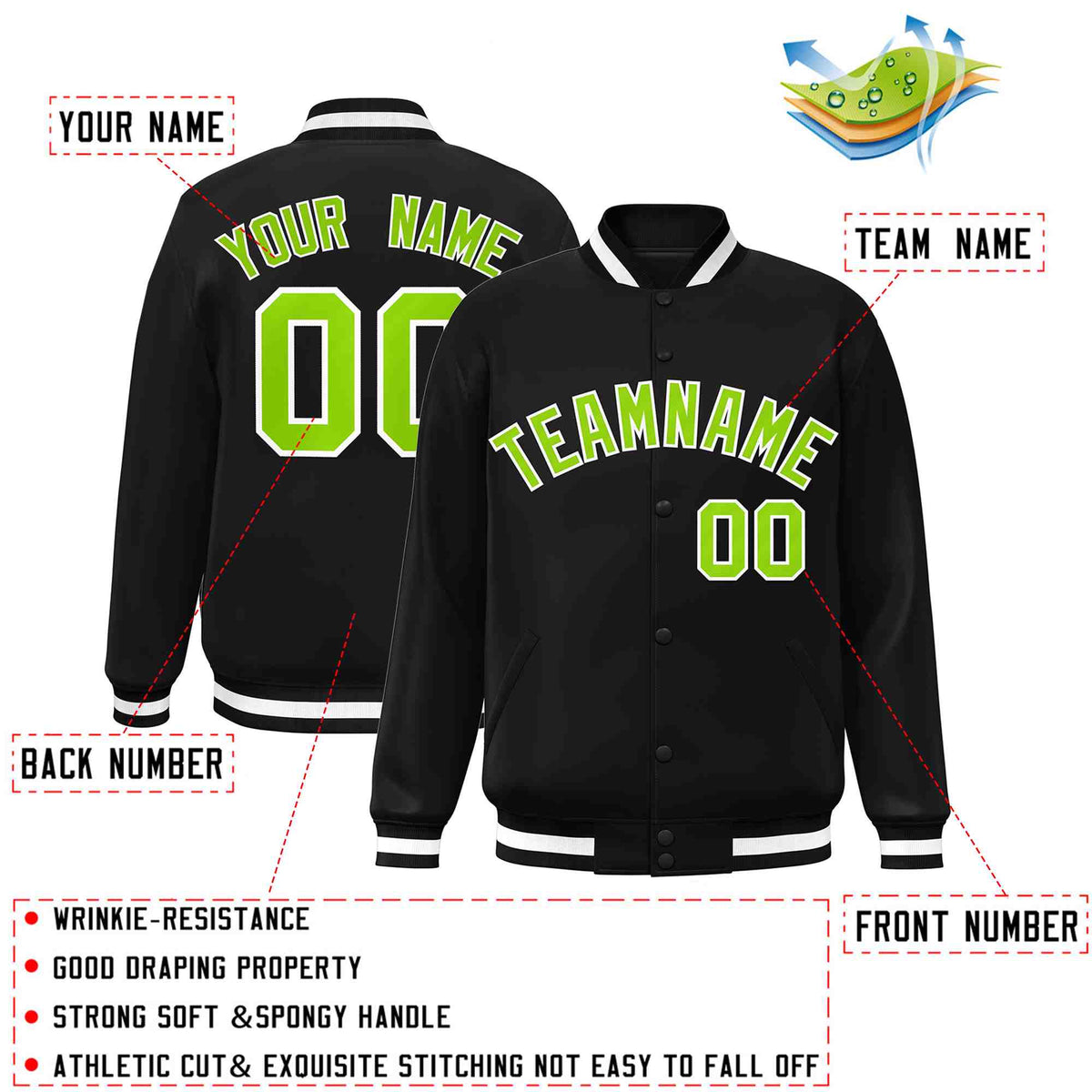 Custom Black Neon Green-White Varsity  Jacket Classic Style Full-Snap Letterman