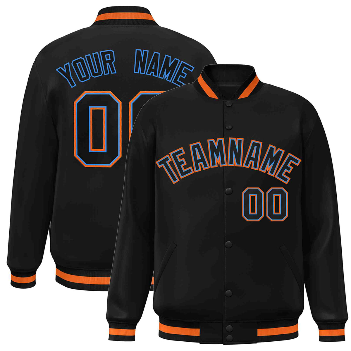 Custom Black Black-Powder Blue Varsity  Jacket Classic Style Full-Snap Letterman