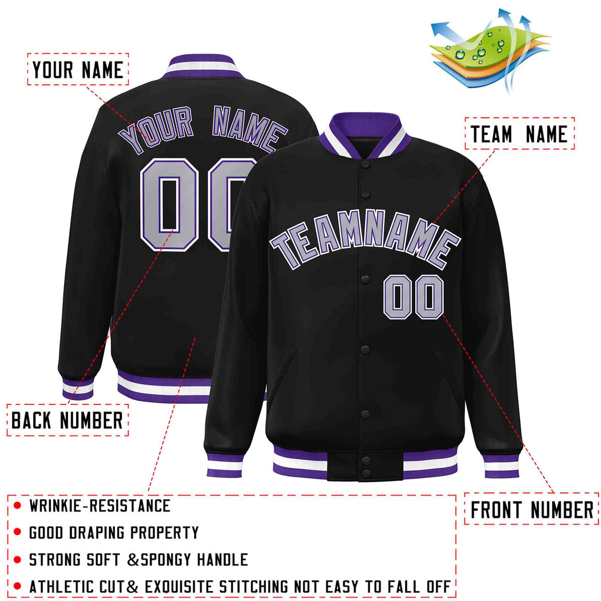 Custom Black Gray-Purple Varsity  Jacket Classic Style Full-Snap Letterman
