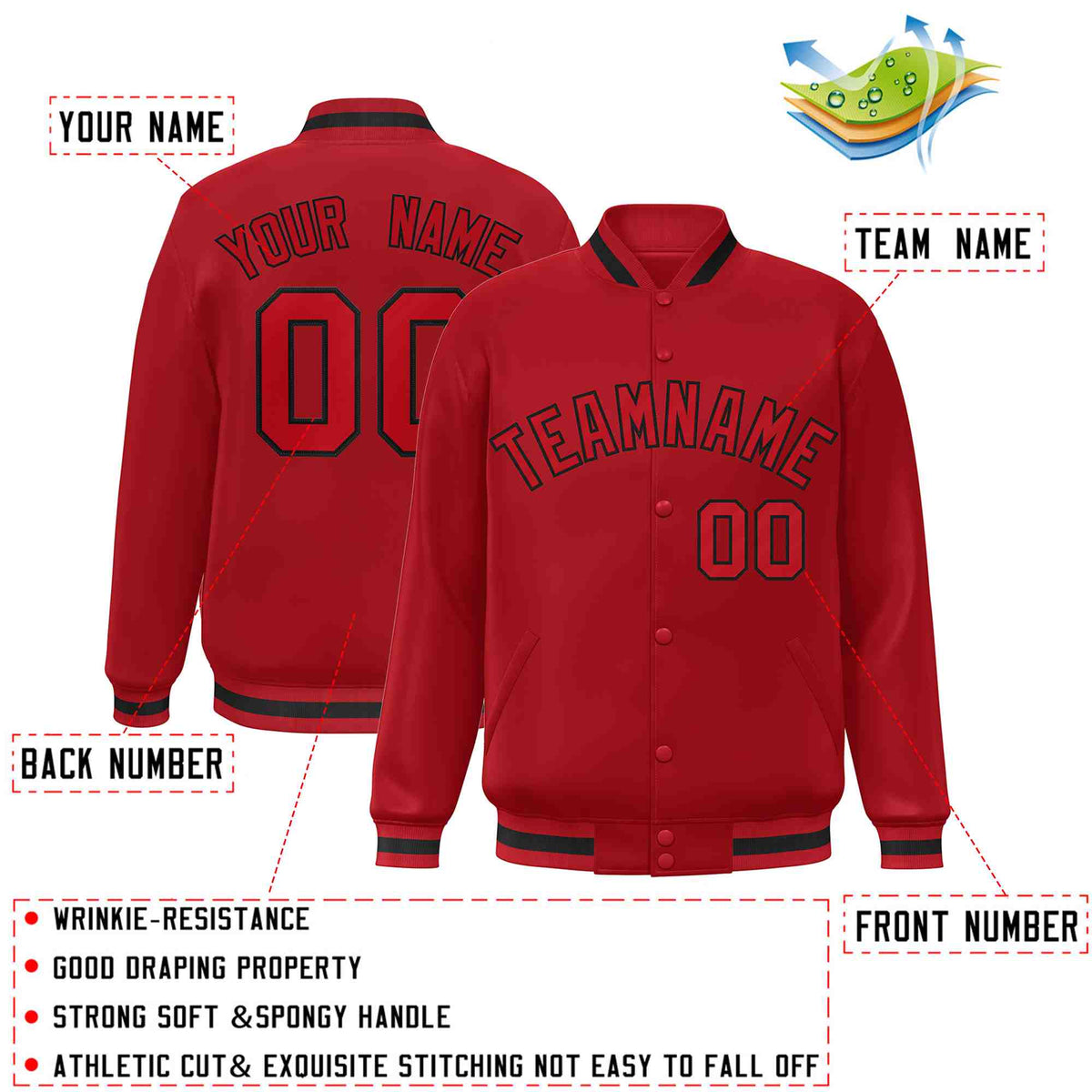 Custom Red Red-Black Varsity  Jacket Classic Style Full-Snap Letterman