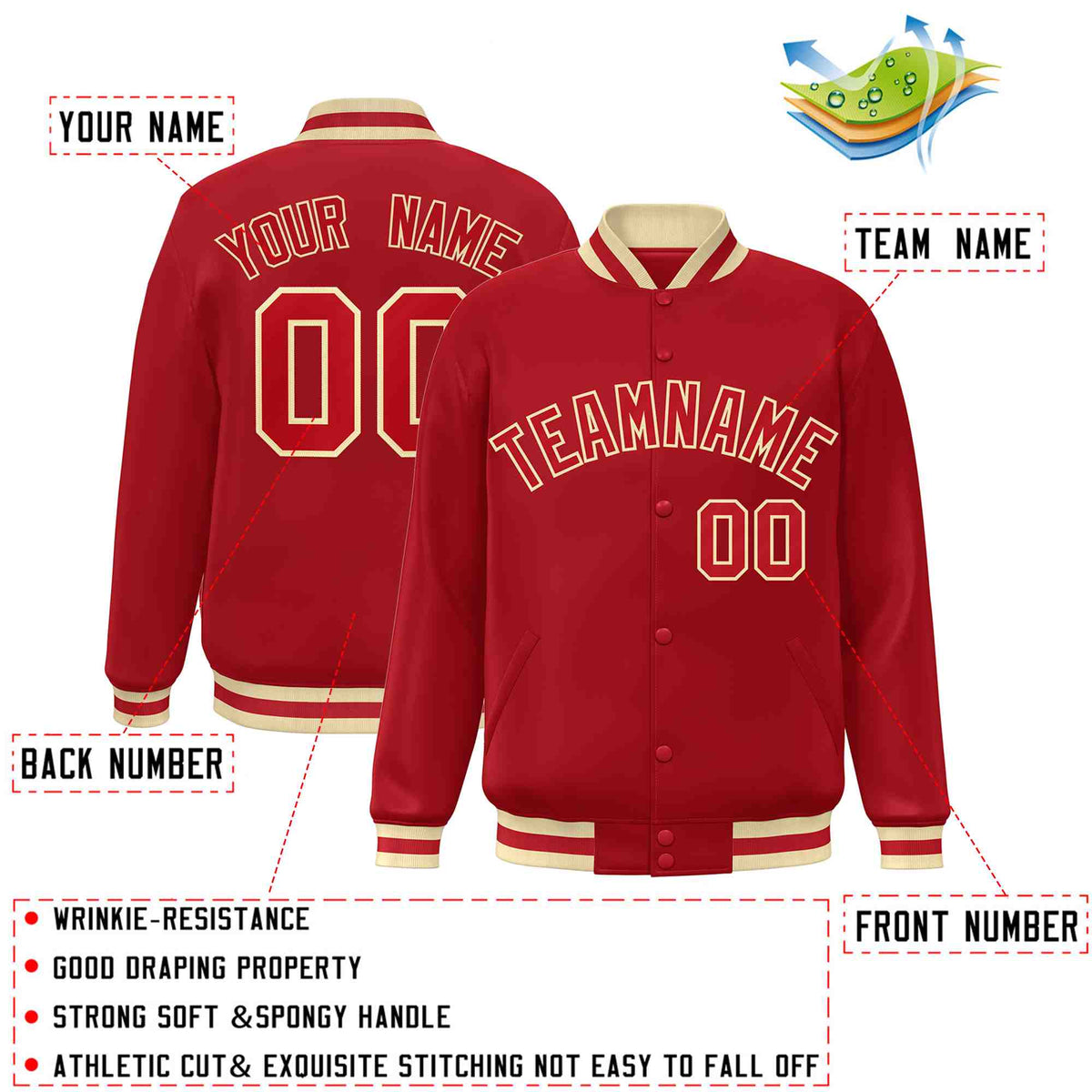 Custom Red Red-Khaki Varsity  Jacket Classic Style Full-Snap Letterman
