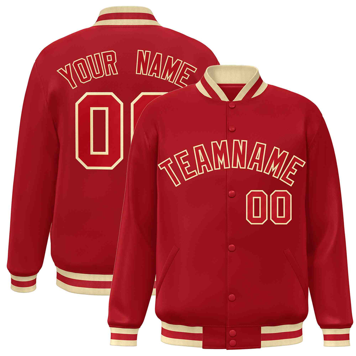 Custom Red Red-Khaki Varsity  Jacket Classic Style Full-Snap Letterman