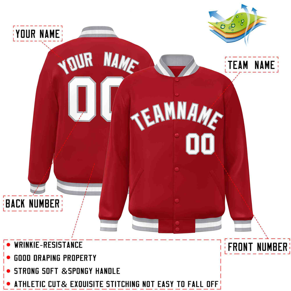 Custom Red White-Gray Varsity  Jacket Classic Style Full-Snap Letterman