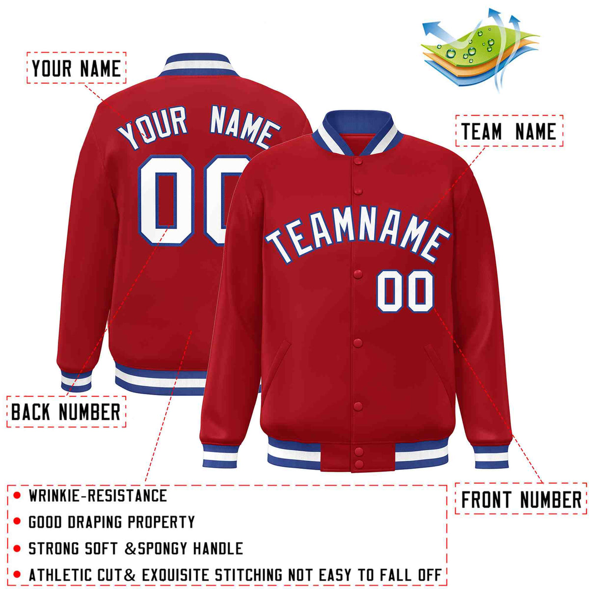Custom Red White-Royal Varsity  Jacket Classic Style Full-Snap Letterman