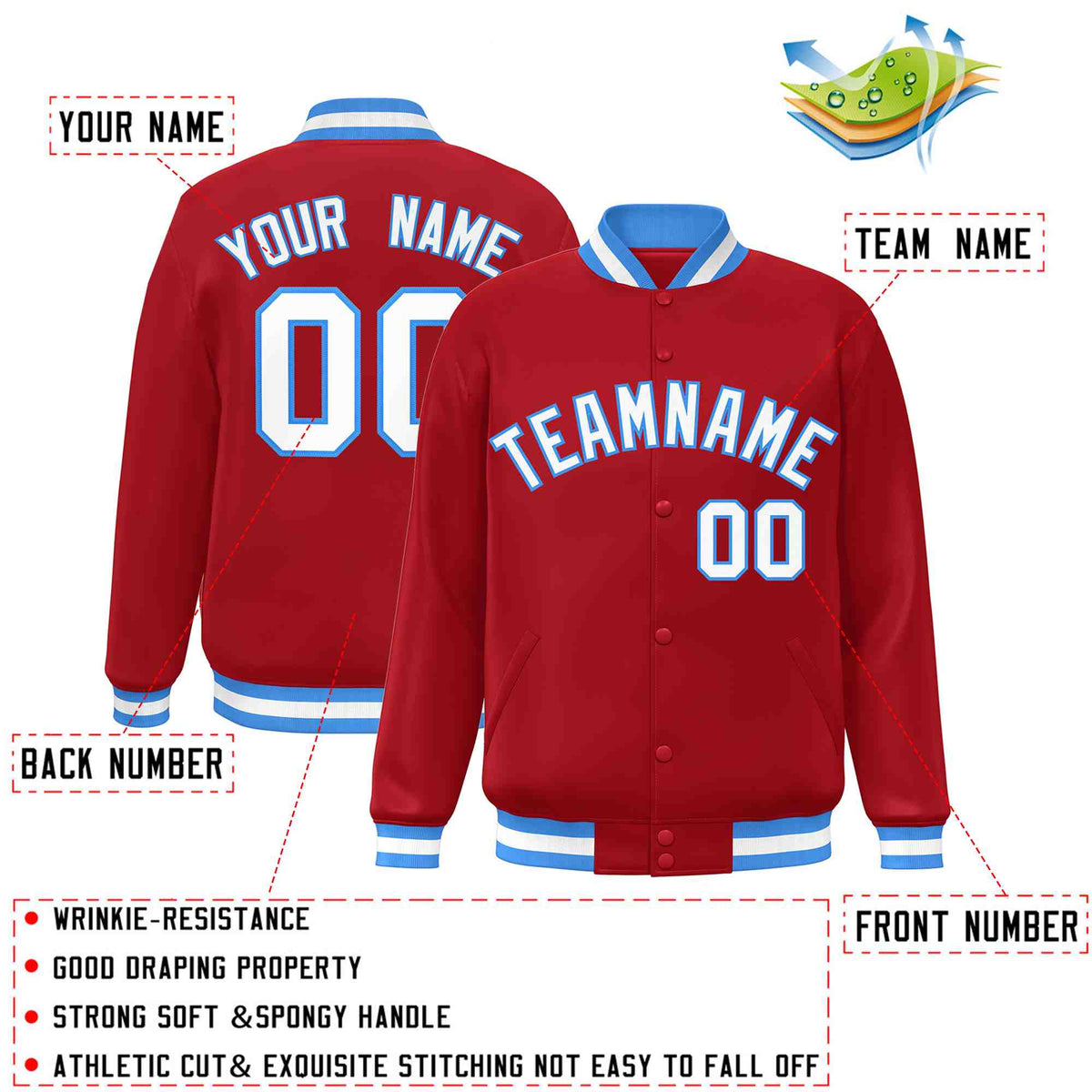 Custom Red White-Powder Blue Varsity  Jacket Classic Style Full-Snap Letterman