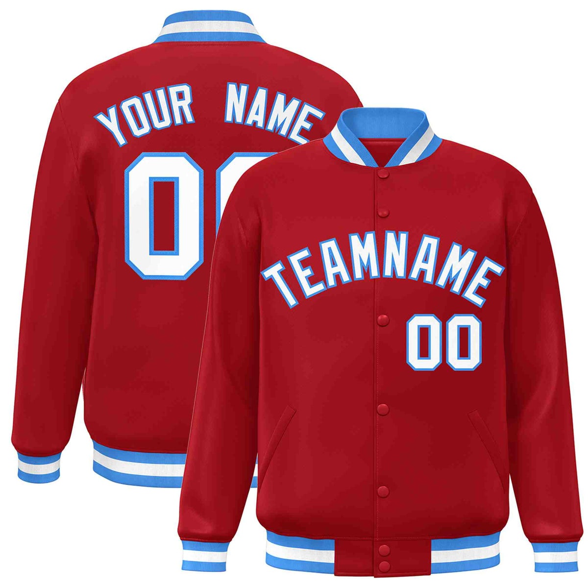 Custom Red White-Powder Blue Varsity  Jacket Classic Style Full-Snap Letterman
