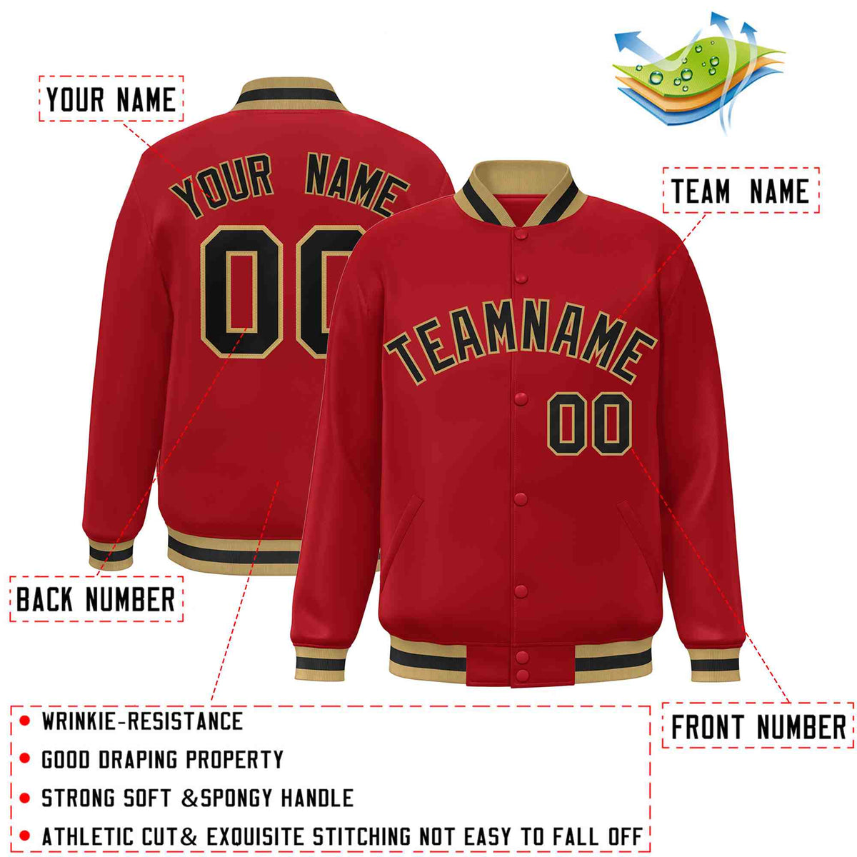 Custom Red Black-Old Gold Varsity  Jacket Classic Style Full-Snap Letterman
