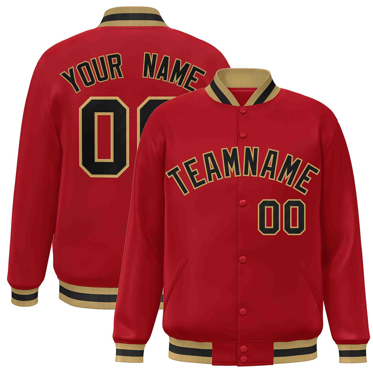 Custom Red Black-Old Gold Varsity  Jacket Classic Style Full-Snap Letterman