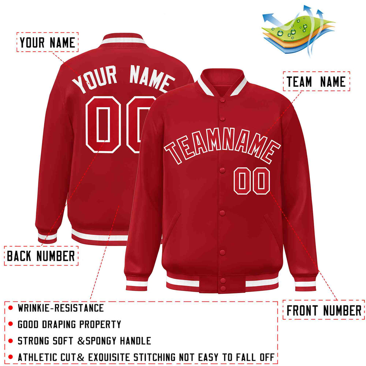Custom Red Red-White Varsity  Jacket Classic Style Full-Snap Letterman