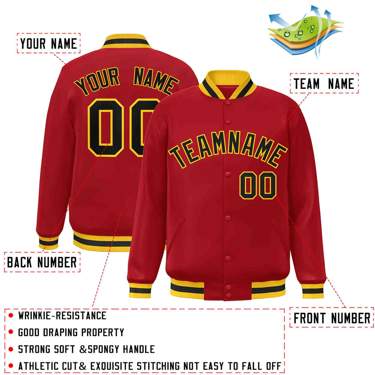 Custom Red Black-Gold Varsity  Jacket Classic Style Full-Snap Letterman