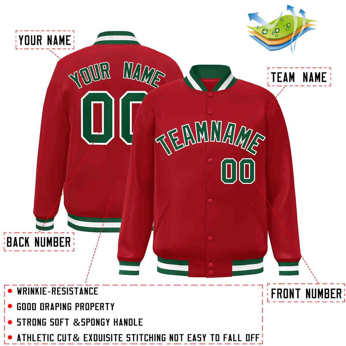 Custom Red Green-White Varsity  Jacket Classic Style Full-Snap Letterman