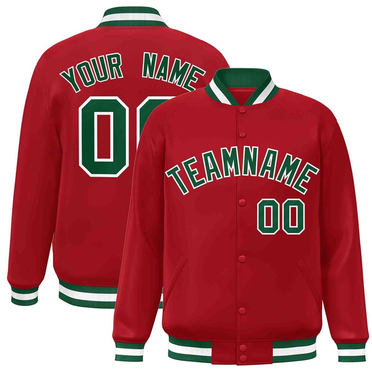 Custom Red Green-White Varsity  Jacket Classic Style Full-Snap Letterman