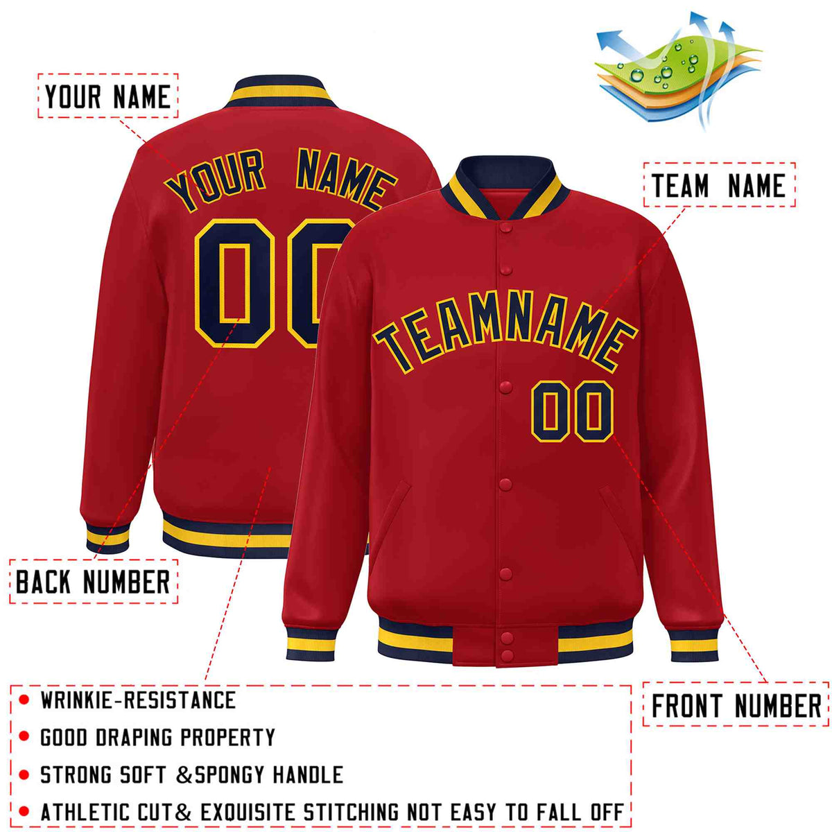 Custom Red Navy-Gold Varsity  Jacket Classic Style Full-Snap Letterman