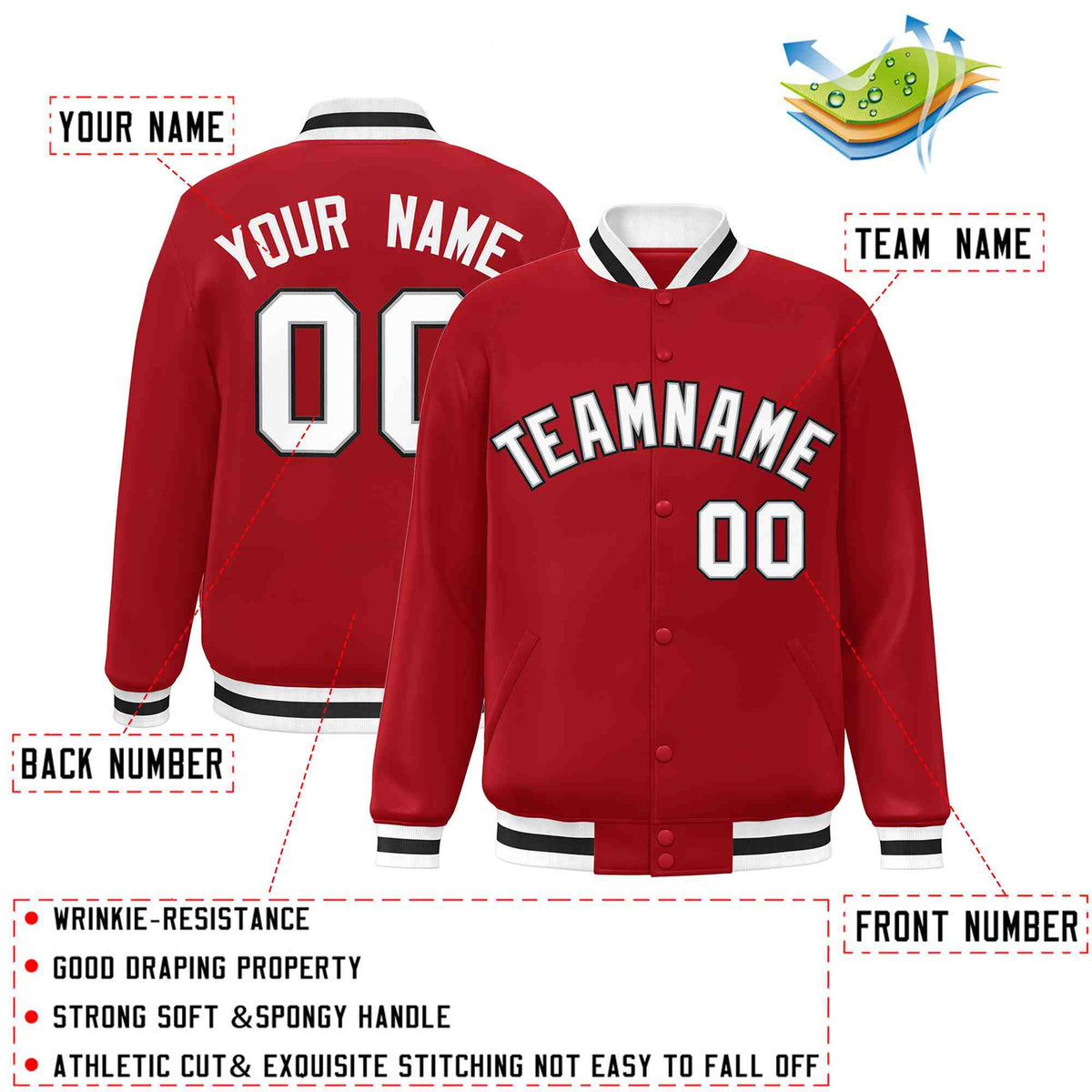 Custom Red White-Gray Varsity  Jacket Classic Style Full-Snap Letterman