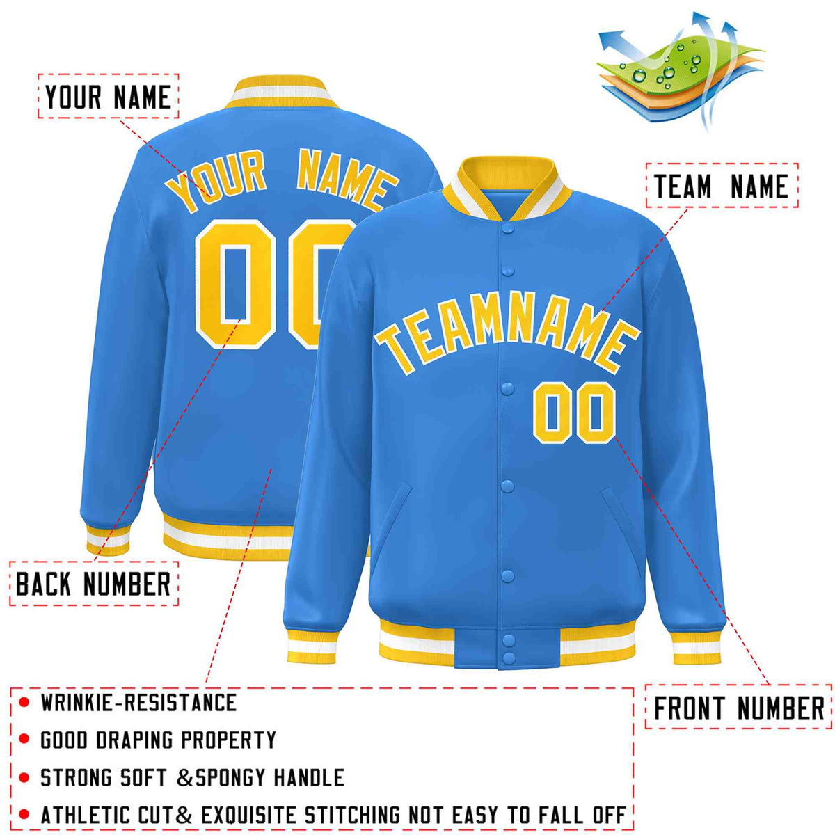Custom Powder Blue Gold-White Varsity  Jacket Classic Style Full-Snap Letterman
