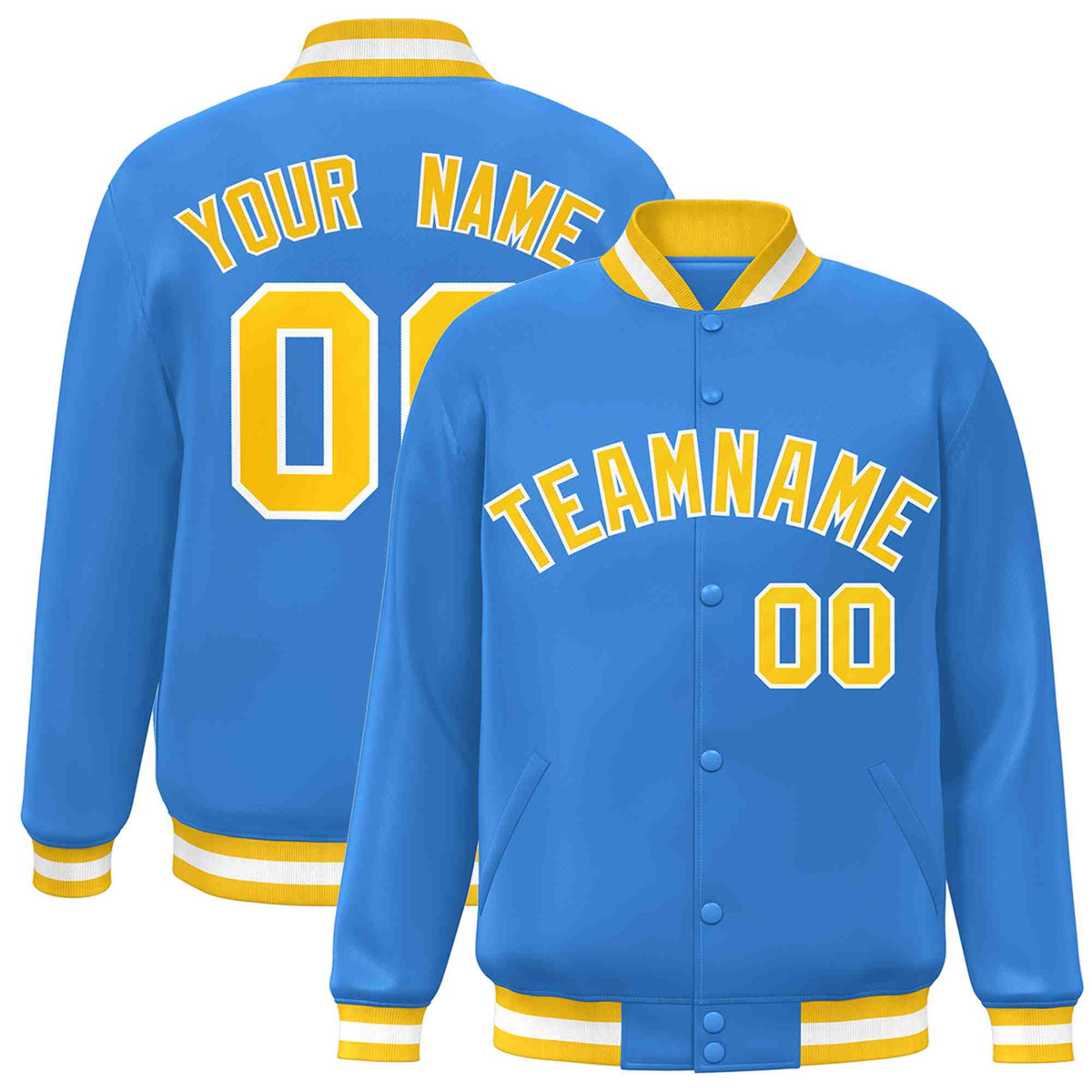 Custom Powder Blue Gold-White Varsity  Jacket Classic Style Full-Snap Letterman