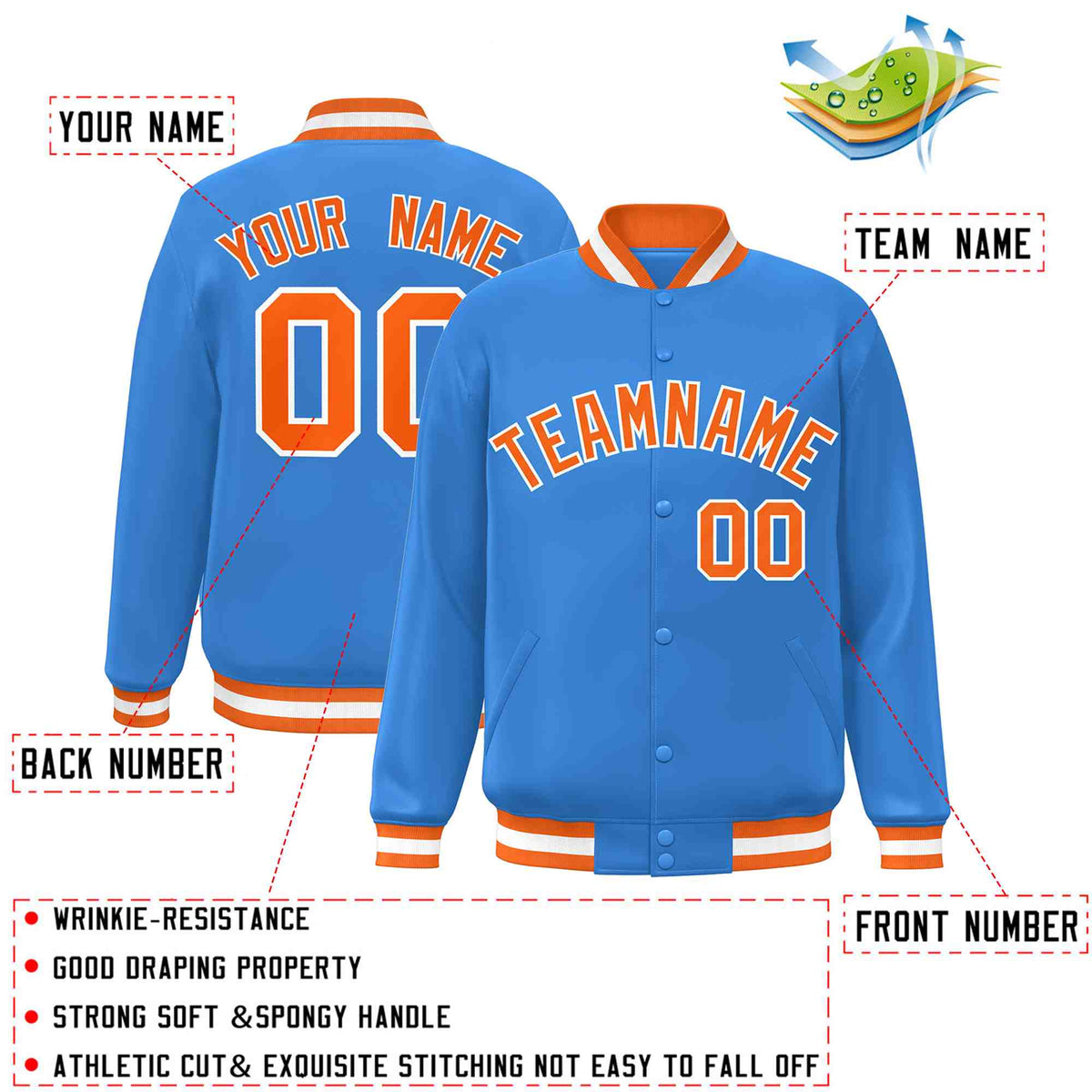 Custom Powder Blue Orange-White Varsity  Jacket Classic Style Full-Snap Letterman