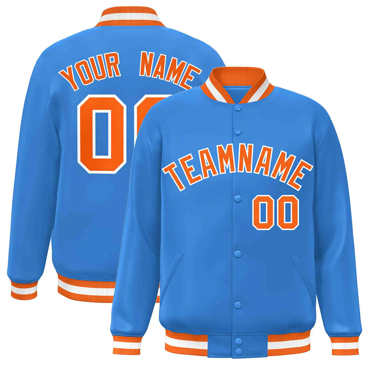 Custom Powder Blue Orange-White Varsity  Jacket Classic Style Full-Snap Letterman
