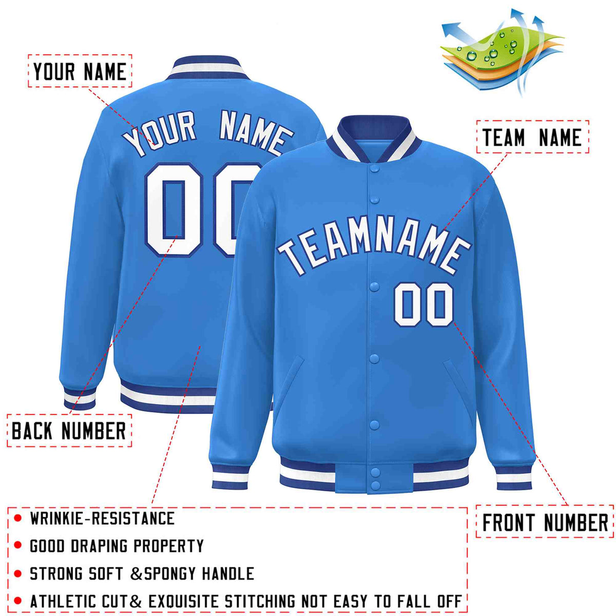 Custom Powder Blue White-Royal Varsity  Jacket Classic Style Full-Snap Letterman
