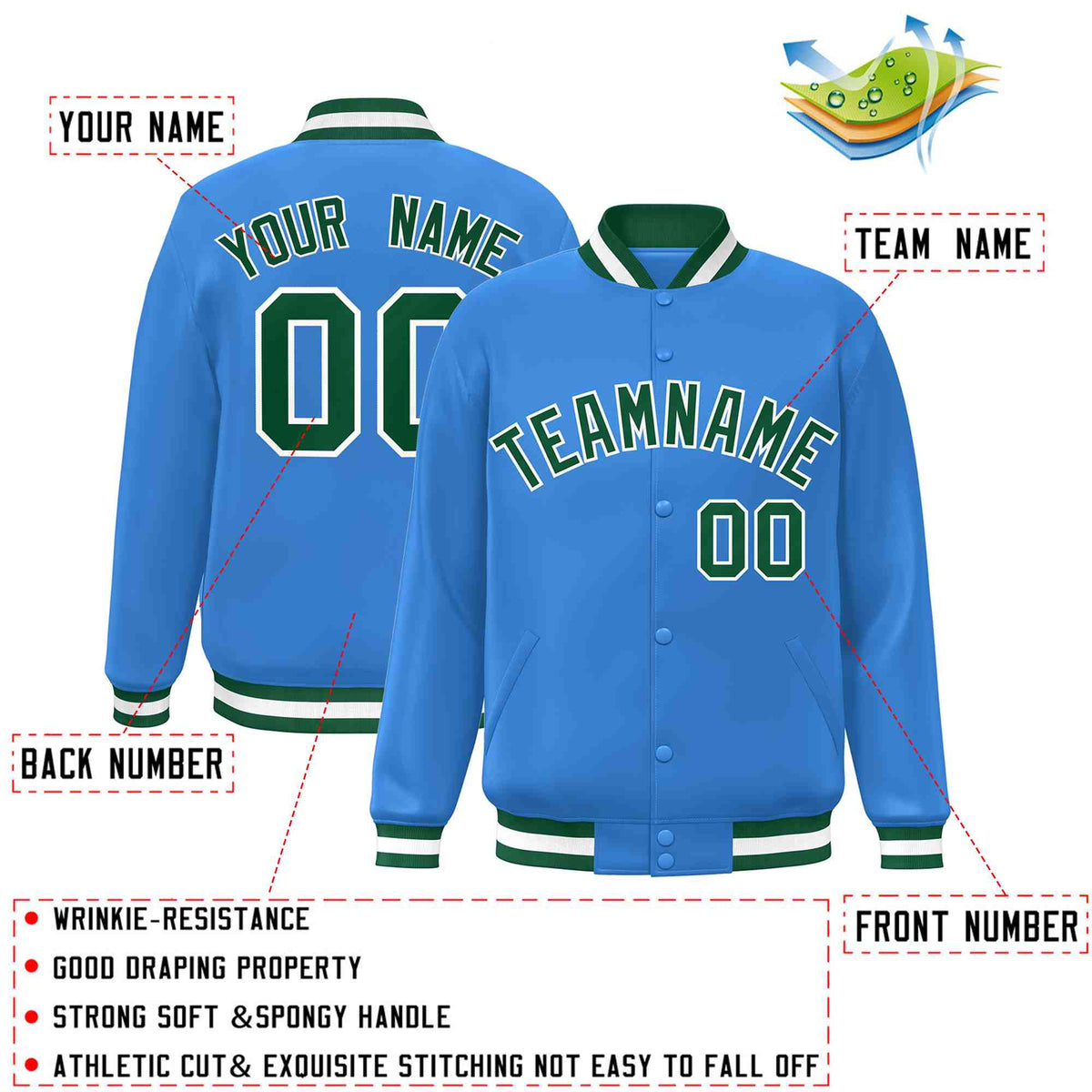 Custom Powder Blue Green-White Varsity  Jacket Classic Style Full-Snap Letterman