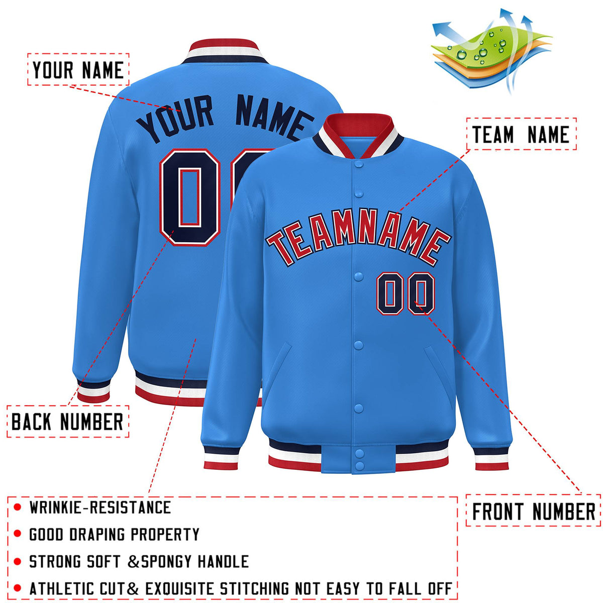 Custom Powder Blue Red-White Varsity  Jacket Classic Style Full-Snap Letterman