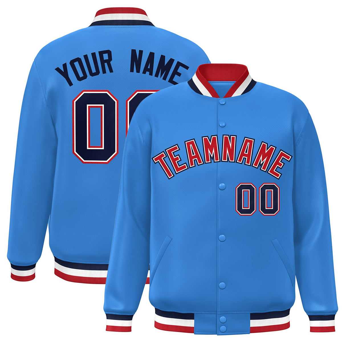 Custom Powder Blue Red-White Varsity  Jacket Classic Style Full-Snap Letterman