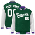 Custom Green & White & Purple Color Block Satin Full-Snap Varsity Jacket - front view
