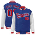 Custom Royal Blue & White & Red Color Block Satin Full-Snap Varsity Jacket - front view