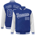 Custom Royal Blue & White Color Block Satin Full-Snap Varsity Jacket - front view