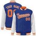 Personalized Royal Blue & Orange & White Color Block Satin Full-Snap Varsity Jacket - front view