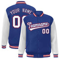 Custom Royal Blue & White & Red Color Block Satin Full-Snap Varsity Jacket - front view