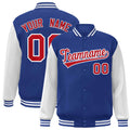 Custom Royal Blue & Red & White Color Block Satin Full-Snap Varsity Jacket - front view