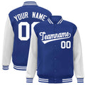 Personalized Royal Blue & White Color Block Satin Full-Snap Varsity Jacket - front view