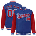 Custom Royal Blue & Red & White Color Block Satin Full-Snap Varsity Jacket - front view