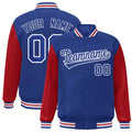 Custom Royal Blue & Red & White Color Block Satin Full-Snap Varsity Jacket - front view