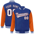 Personalized Royal Blue & Orange & White Color Block Satin Full-Snap Varsity Jacket - front view