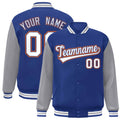 Custom Royal Blue & Gray & White Color Block Satin Full-Snap Varsity Jacket - front view