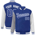 Personalized Royal Blue & Gray & White Color Block Satin Full-Snap Varsity Jacket - front view