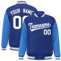 Custom Royal Blue & Powder Blue & White Color Block Satin Full-Snap Varsity Jacket - front view