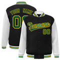 Custom Black & White & Gold Color Block Satin Full-Snap Varsity Jacket - front view