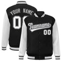Personalized Black & White Color Block Satin Full-Snap Varsity Jacket - front view