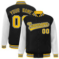 Custom Black & White & Gold Color Block Satin Full-Snap Varsity Jacket - front view