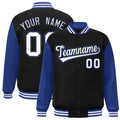 Custom Black & Royal Blue & White Color Block Satin Full-Snap Varsity Jacket - front view