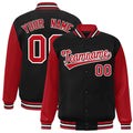 Custom Black & Red & White Color Block Satin Full-Snap Varsity Jacket - front view